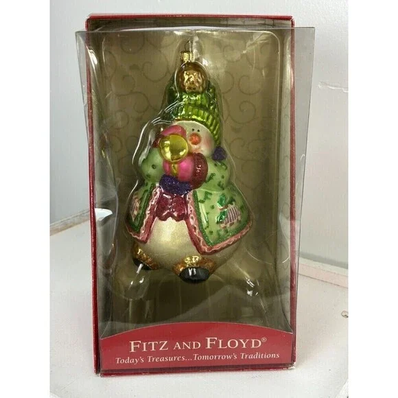 Vintage Fitz And Floyd Large 7 Inch Glass Christmas Ornament Snowman Horn Rck - Picture 3 of 11